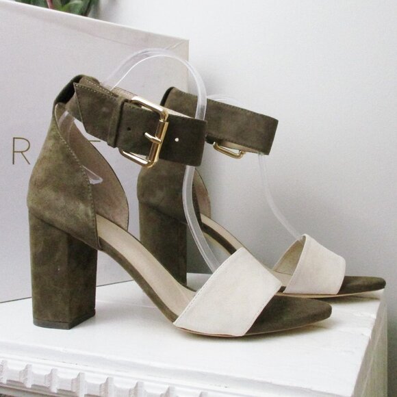 RAYE Leia taupe 9.5 strappy block heel sandals shoes heels suede buckle - Picture 5 of 9